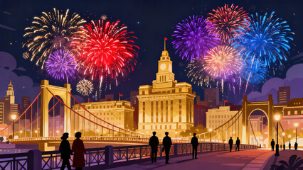 Obraz premium Prosperous City Night View with Fireworks Celebration