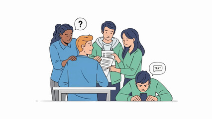 Diverse group of people collaborating on a project at a table.