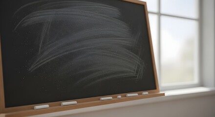A blank blackboard leaning against a window in a classroom
