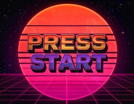 Bold, retro-styled text overlaying a vibrant, stylized sunset backdrop - Powered by Adobe