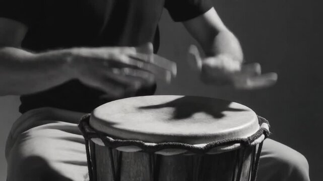 Man playing djembe drum with hands in close-up indoor studio setting