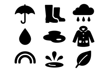 Set of spring rainy weather theme black and white vector icons