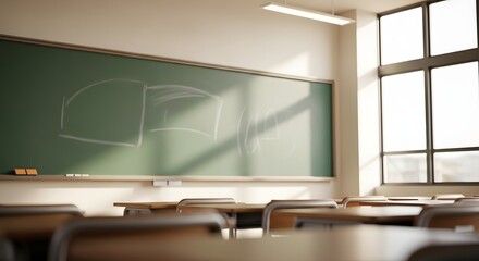 A well-lit empty classroom with a green chalkboard and desks