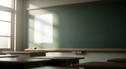 A quiet and empty classroom with a large green chalkboard and desks