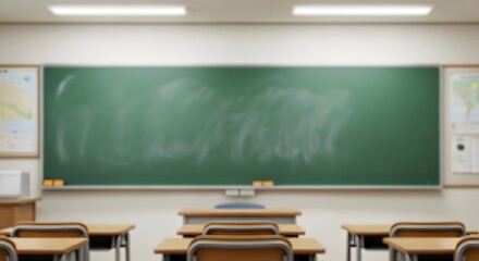 An empty classroom with a green chalkboard and wooden desks