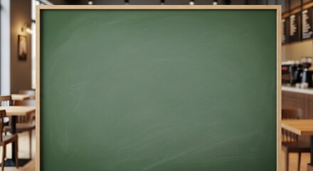 A large green chalkboard in a modern cafe with wooden tables