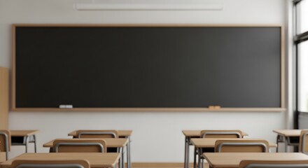 A typical empty classroom with desks and a large blackboard