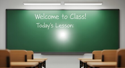 A green chalkboard in a classroom with desks and chairs
