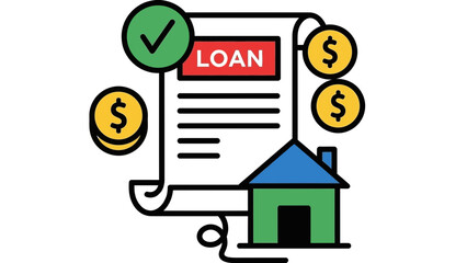 A cartoon illustration of a loan document with a house and money