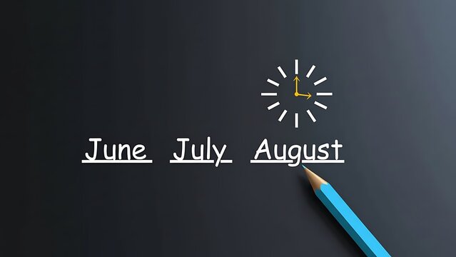 Summer months of june july and august with a clock and pencil - Powered by Adobe