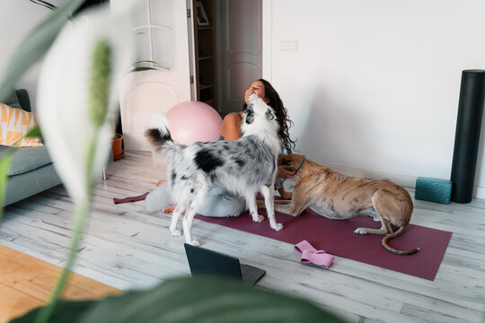 Woman cuddling and kissing with her dogs at home
