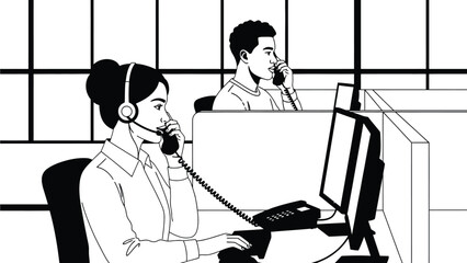 Two customer service representatives working at a modern office with computers and headsets