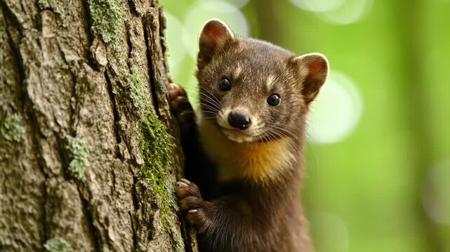 Pine Marten Climbing Tree Trunk with Curious Gaze, and Green Forest Backdrop.