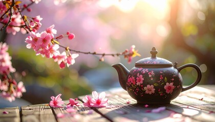 A close-up image of vibrant pink flowers and fresh green tea in a white teacup with a saucer, placed on a table