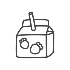 Cute strawberry milk box icon. Monochrome doodle illustration of beverage packaging with straw. Kawaii sticker. Vector 10 EPS.