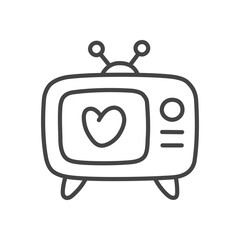 Cute retro TV icon. Monochrome doodle illustration of vintage television with heart image on screen. Kawaii sticker. Vector 10 EPS.
