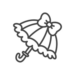 Cute retro umbrella icon. Monochrome doodle illustration of parasol decorated with lace and ribbon. Kawaii girly sticker. Vector 10 EPS.
