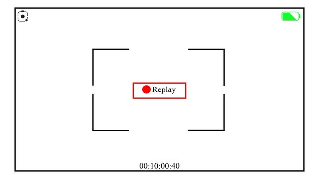 Camera Replay Screen Overlay with Viewfinder Frame and Timecode. Minimal camera replay screen overlay featuring replay button, viewfinder frame, battery icon, center focus area, and timecode. Alpha