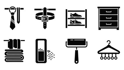 A collection of black and white icons representing various everyday objects and accessories