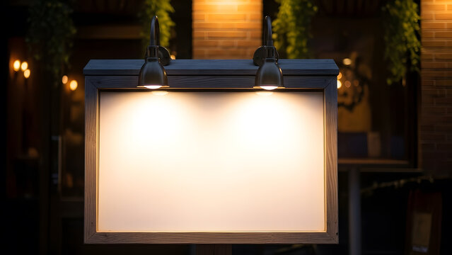 Blank illuminated outdoor sign at night, glowing white space for custom text, logo, or advertisement on a dark background.