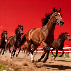 붉은배경 경기장달리는 말들red-background running horses