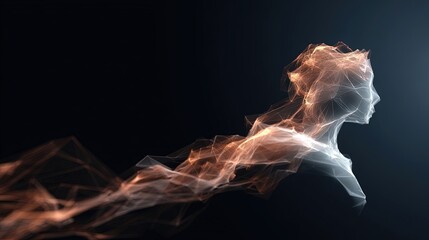 Abstract profile of a human head shape formed by glowing polygonal wireframe mesh dissipating into energy trails