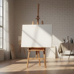 빈방에 놓인 작은 나무의자와 이젤 빈 캔버스a small wooden chair and an easel canvas in an empty room