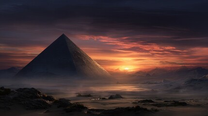 A massive ancient pyramid structure looms over a misty desolate desert landscape during a dramatic sunset with vibrant orange and red clouds