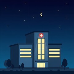 밤에 떠잇는 달 별 아래 병원건물 일러스트 야간진료 응급실An illustration of the hospital building under the moon at night, the emergency room for night care