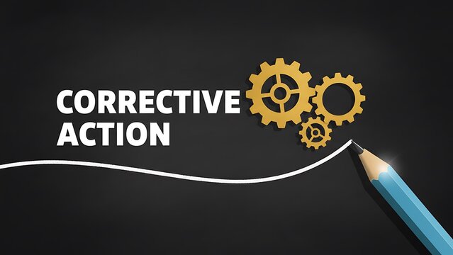 Corrective action concept with gears pencil and a dark chalkboard background