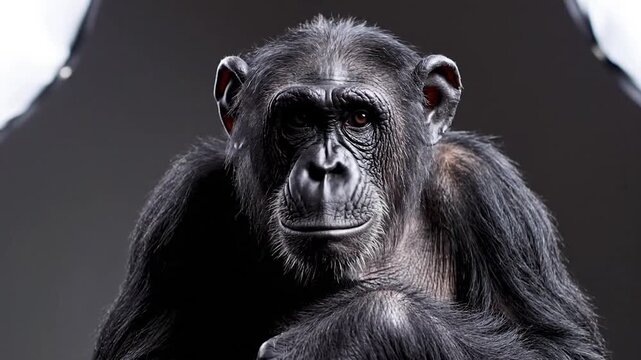Close-up of a chimpanzee's face, with a thoughtful expression and detailed fur texture