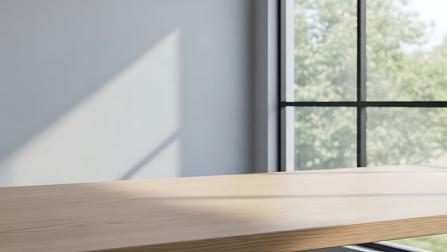 Empty wooden desk surface against a gray wall with sunlight from the window