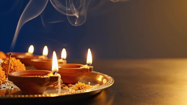 Night puja background with flickering diya flames incense smoke and reflective brass plates