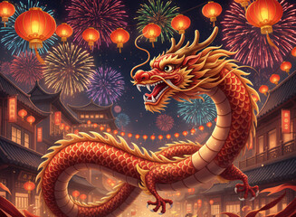 Fototapeta premium Chinese New Year Festive Street and Dragon Dance Lunar New Year Celebration with Dragon and Lanterns Traditional Chinese New Year Dragon Illustration