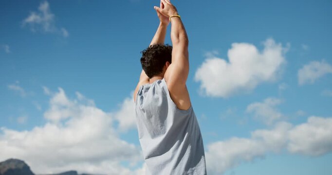 Beach, wellness and man with fitness, stretching and warm up with exercise, below and workout. Ocean, cardio training and healthy person with routine, coastline and balance with challenge in Miami