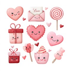 Set of gift boxes, letters, lollipops for Valentine's Day, isolated on a white background.