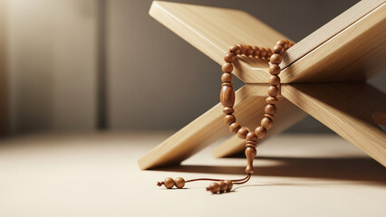 Wooden prayer beads on rehal book stand with copy space and spiritual lighting