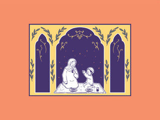 cute template hand drawing ramadhan family eathing together illustrations