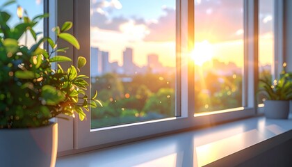 Fototapeta premium Sunlight streams through a window, illuminating lush plants on a serene urban landscape