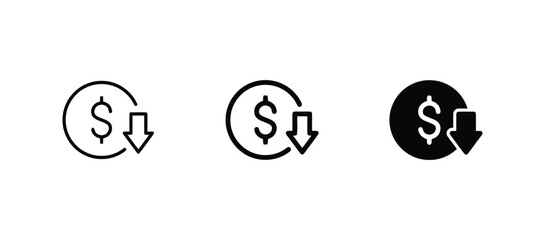 Set of three money decrease line and glyph icons representing financial reduction, cost cutting, and price drop in various business and economic contexts