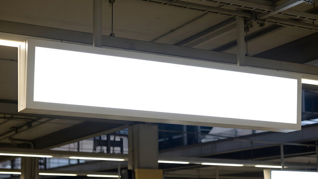 Blank illuminated horizontal signage mockup hanging from ceiling in public space; empty white display for text or ad.