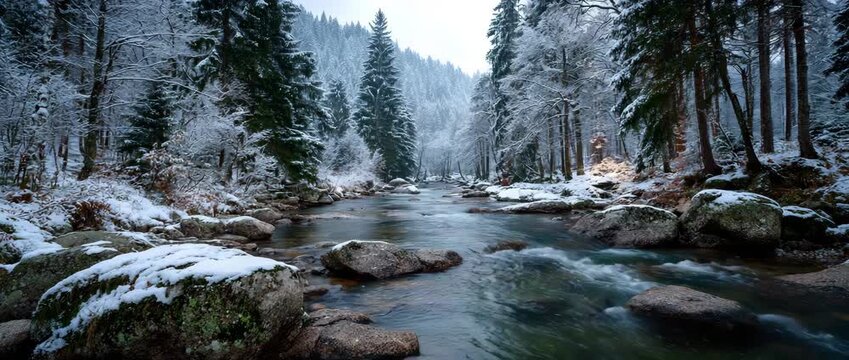 Winter forest river landscaped, calm, purity, beauty of nature during the cold season.