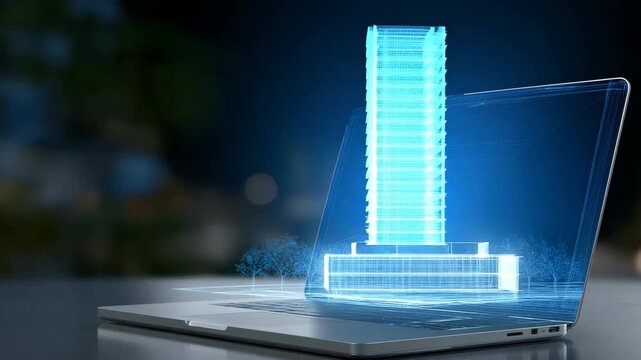 Futuristic architectural design: digital blueprint of skyscraper emerging from laptop