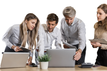 Business people discussing work together using a tablet and laptop taking notes on a transparent background