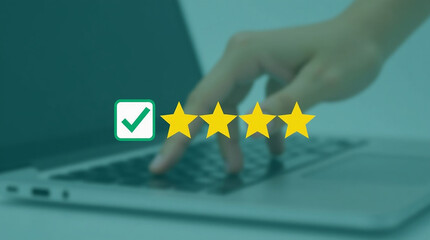 Client's Rating: A user's hand interacts with a laptop, highlighting a customer rating through stars and checkmark, emphasizing positive feedback and satisfaction.