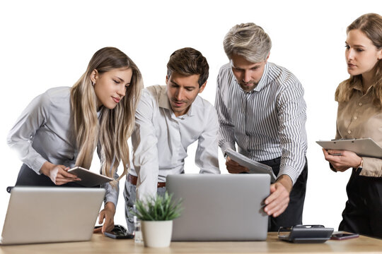 Business people discussing work together using a tablet and laptop taking notes on a transparent background