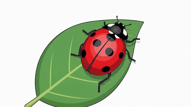 Cartoon Ladybug Perching on a Green Leaf in a Bright Illustration.