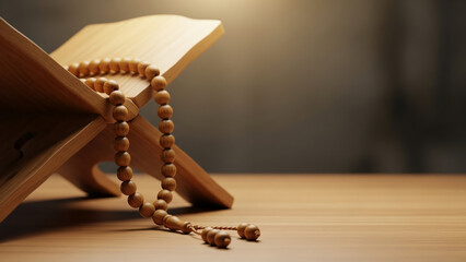 Wooden prayer beads on rehal book stand with copy space and spiritual lighting