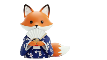 Cute Fox Character in Blue Kimono Holding a Fan