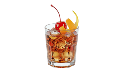 Old Fashioned Cocktail with Cherry and Orange Garnish